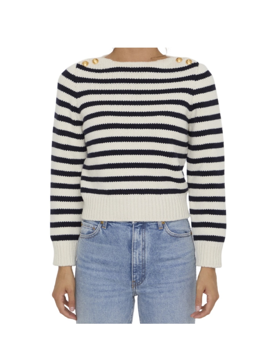 Celine Navy and White Striped Crewneck Sweater with Gold Shoulder Buttons